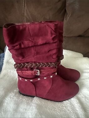 Girls Burgundy Suede-Look Mid-Calf Boots with Braided Strap